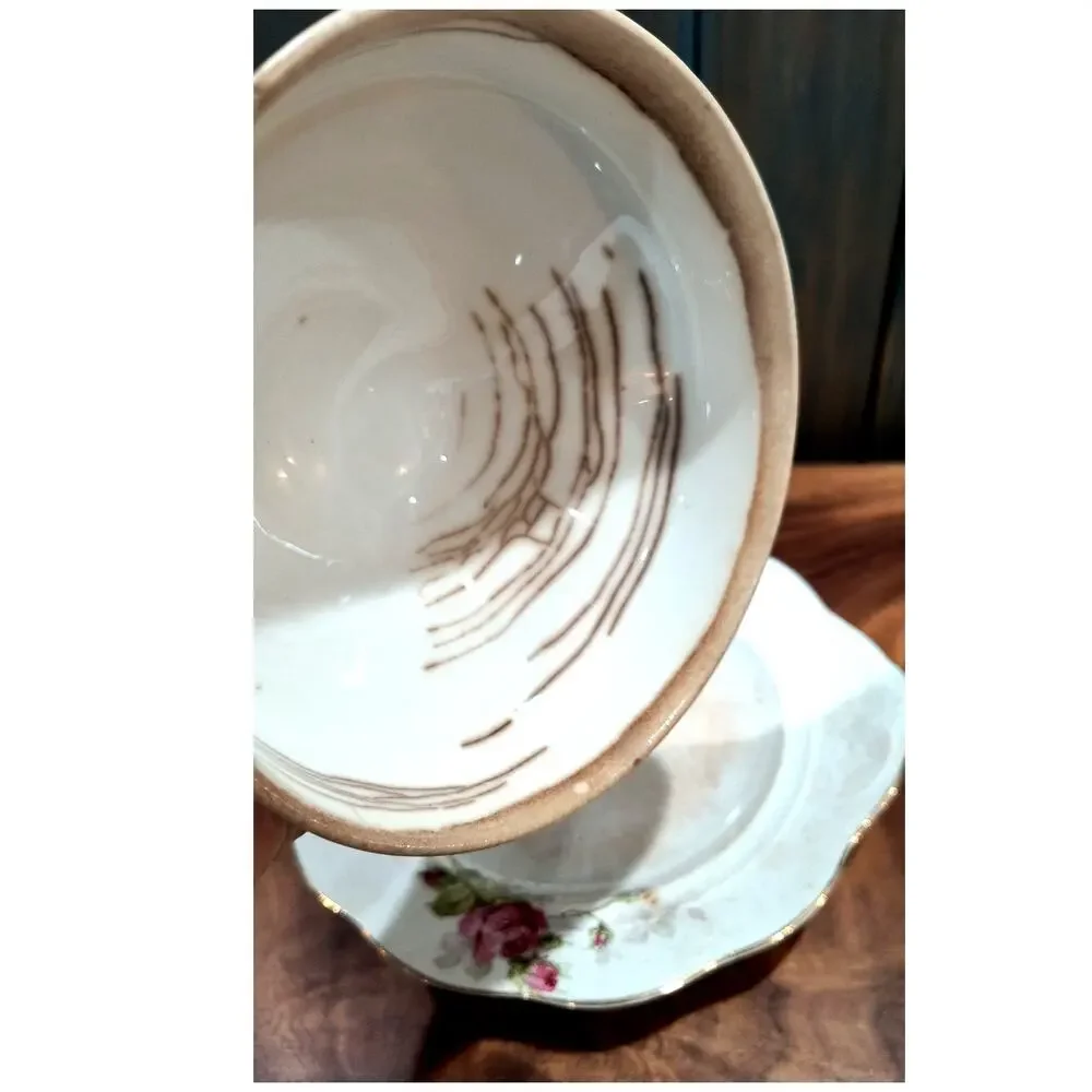 698. Cottage Core Vintage Covered Butter Dish Roses and Gold Trim